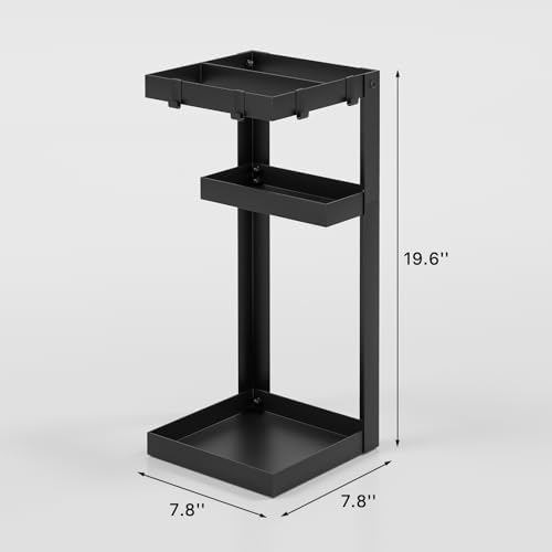 Sturdy Steel Umbrella Stand with 4 Hooks and Small Shelf Black