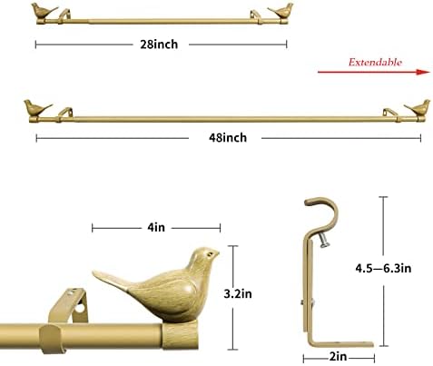 Meriville 34 Inch Farmhouse Single Curtain Rod with Bird Finials