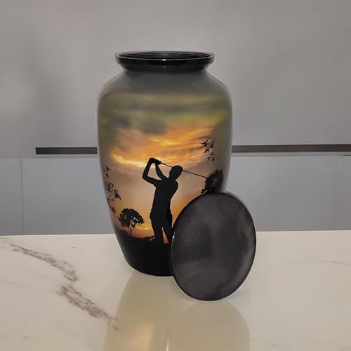 Cremation Urn with Golf Design Velvet Bag