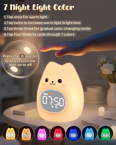 Cat Alarm Clock for Kids with Night Light and White Noise