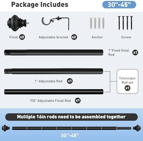Black Curtain Rod with Lantern Ball Finials 30-45 Inch