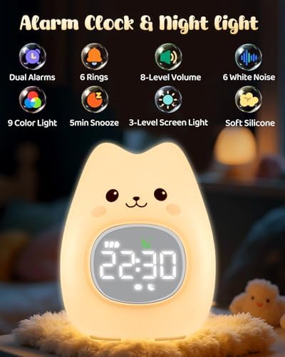 Cat Alarm Clock for Kids with Night Light and White Noise