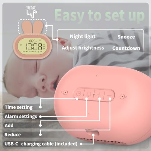 Cute Rabbit Alarm Clock for Kids with Night Light
