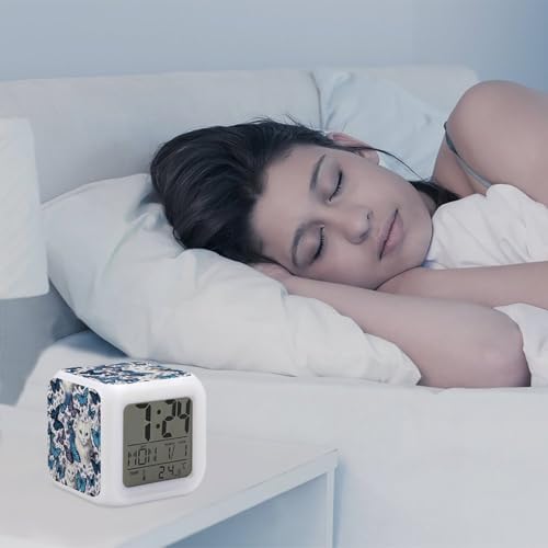 Small Digital Blue Butterfly and White Cat Alarm Clock for Bedroom