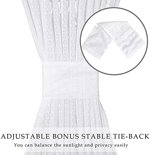 2 Pcs White Lace Boho Floral Curtains with Tie-backs