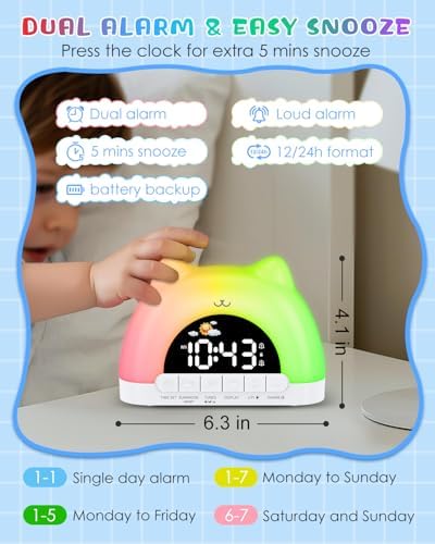 Kids Alarm Clock with Cat Design and Night Light