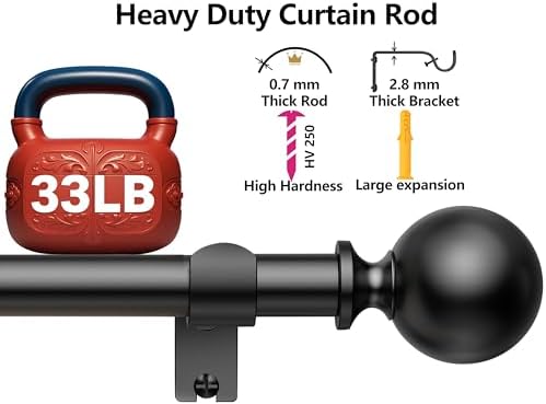 BloomFlower 118 Inch Adjustable Curtain Rods with Black Finials