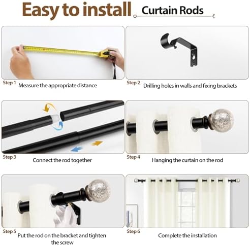 KAMANINA Adjustable Curtain Rod 32-58 Inches Black with Crackle Glass Finials