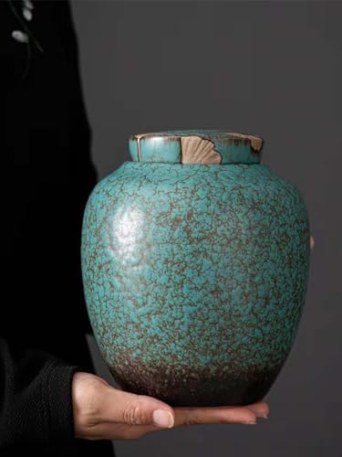 Medium Cremation Urn with Turquoise Glazed Ceramic and Ginkgo Leaf Design