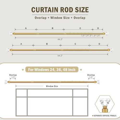 Orger Diamond Curtain Rods 30-54 Inches Gold with Crystal Finials 2 Pack