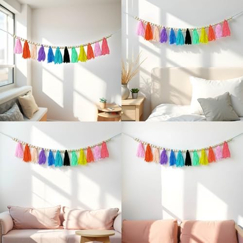 Boho Hanmade Wood Beads Garland with Tassels and Hooks