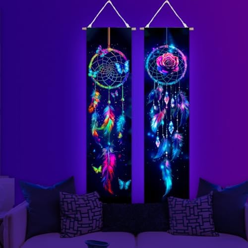ACRNIGHEET UV Reactive Blacklight Dream Catcher Tapestry Wall Decor