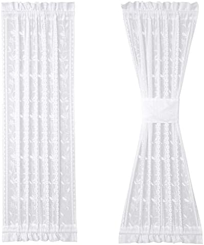2 Pcs White Lace Boho Floral Curtains with Tie-backs