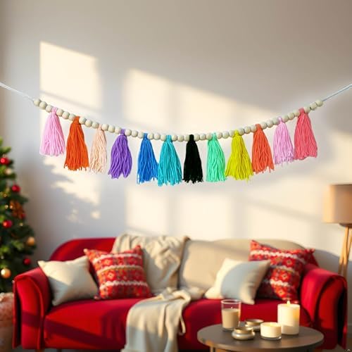 Boho Hanmade Wood Beads Garland with Tassels and Hooks
