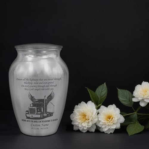 Personalized Semi Truck Mini Urn for Ashes Stainless Steel Silver Angel Wings