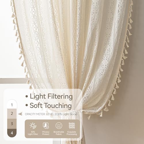 Boho Lace Curtains 96 Inch Long 2 Panel Set Beige
