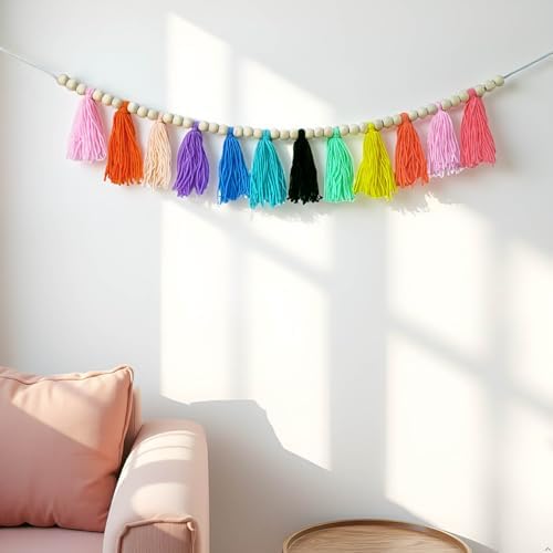 Boho Hanmade Wood Beads Garland with Tassels and Hooks