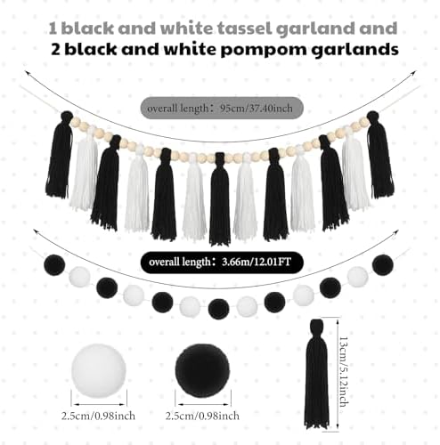 3 Pcs Black and White Tassel Garland Decor