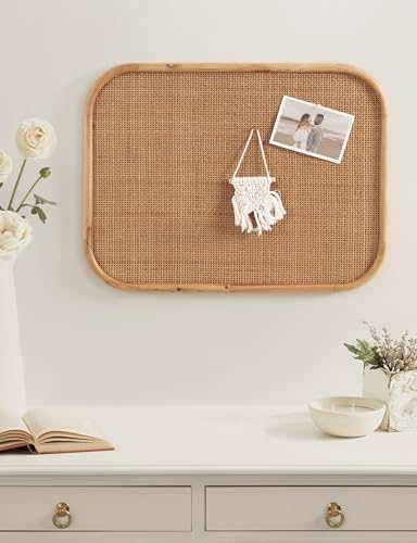 Kate and Laurel Rattan Wall Pinboard 20x26 Natural Wood Boho