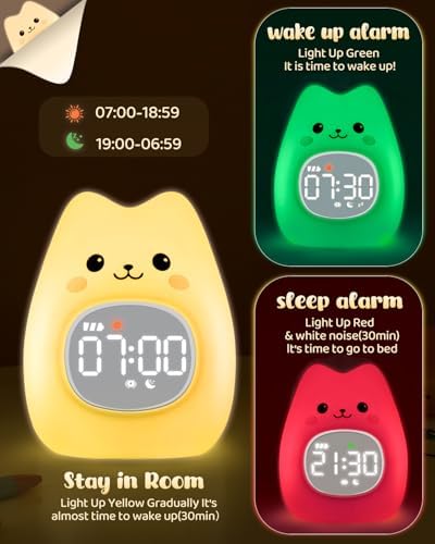 Cat Alarm Clock for Kids with Night Light and White Noise