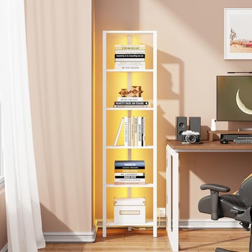 TUTOTAK 6-Tier Corner Bookshelf with LED Light