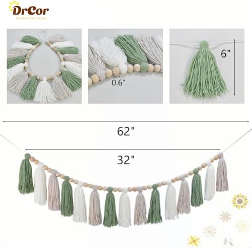 DrCor Sage Green Tassel Garland - Boho Farmhouse Wall Decor