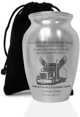 Personalized Semi Truck Mini Urn for Ashes Stainless Steel Silver Angel Wings