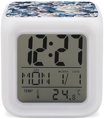 Small Digital Blue Butterfly and White Cat Alarm Clock for Bedroom