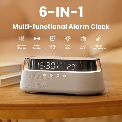 6 in 1 Alarm Clock with Wireless Charging and Night Light