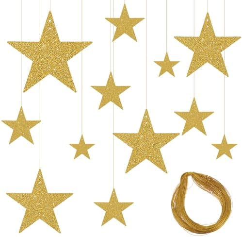 24PCS Shiny Hanging Gold Star Cutouts with String