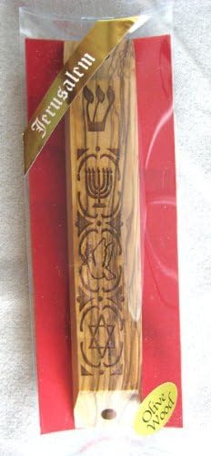 Olive Wood Mezuzah Case with Scroll Menorah and Star of David