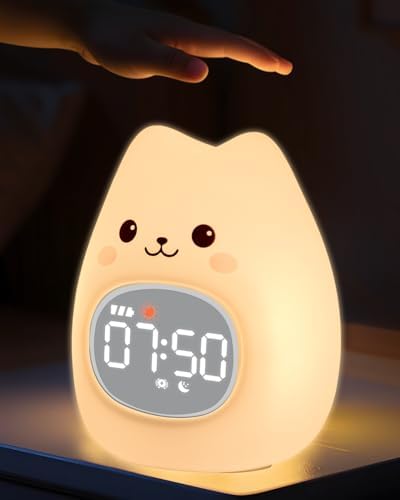 Cat Alarm Clock for Kids with Night Light and White Noise