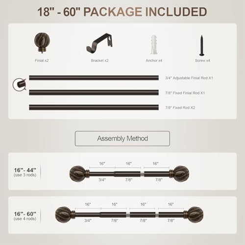 Brown Adjustable Window Curtain Rod with Decorative Finials