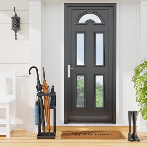 Sturdy Steel Umbrella Stand with 4 Hooks and Small Shelf Black