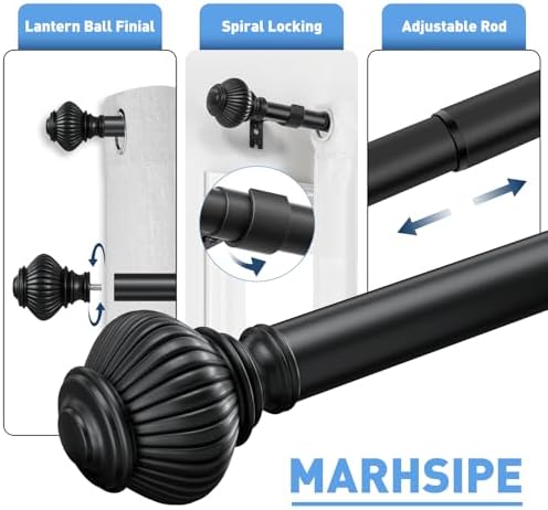Black Curtain Rod with Lantern Ball Finials 30-45 Inch