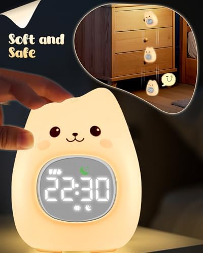 Cat Alarm Clock for Kids with Night Light and White Noise