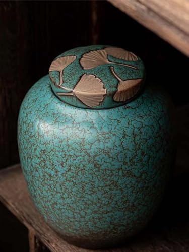Medium Cremation Urn with Turquoise Glazed Ceramic and Ginkgo Leaf Design
