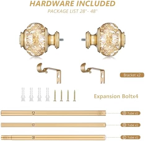 Adjustable Gold Curtain Rods 28-48 Inch Single Rod Set