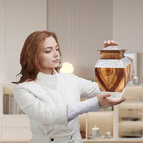 Naniurn Elegant Cremation Urn with Brown Wood Texture and Silver Engraving