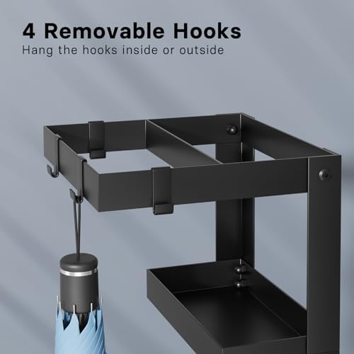 Sturdy Steel Umbrella Stand with 4 Hooks and Small Shelf Black