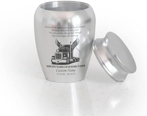 Personalized Semi Truck Mini Urn for Ashes Stainless Steel Silver Angel Wings