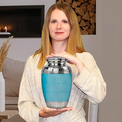 Trupoint Memorials Large Light Blue Cremation Urn with Silver Lining