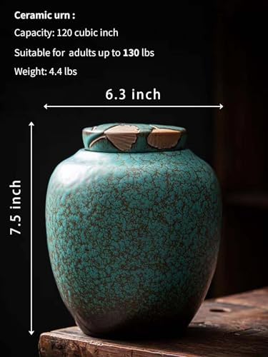 Medium Cremation Urn with Turquoise Glazed Ceramic and Ginkgo Leaf Design