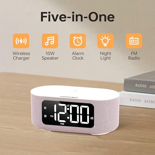 JALL Pink Fabric Alarm Clock with LED Display and Bluetooth Speaker