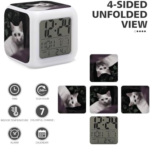 White Cat Digital Alarm Clock with LED Display