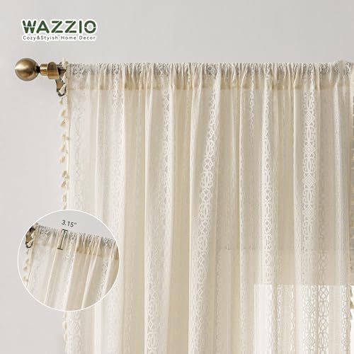 Boho Lace Curtains 96 Inch Long 2 Panel Set Beige