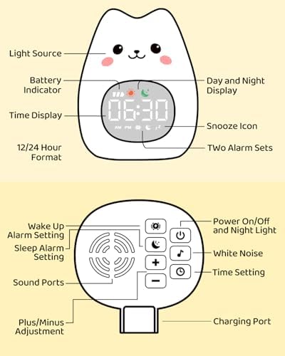 Cat Alarm Clock for Kids with Night Light and White Noise