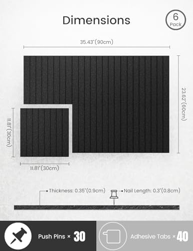 Bumusty Felt Bulletin Board Tiles 36x24 - 6-Pack with Pushpins and Adhesive Tabs