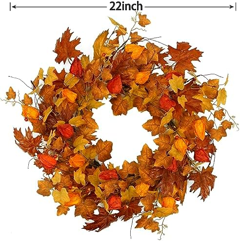 22 Inch Artificial Fall Wreath with Cape Gooseberry and Maple Leaves