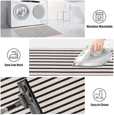 LEEVAN Black and White Striped Doormat Rug 24x35 Inch